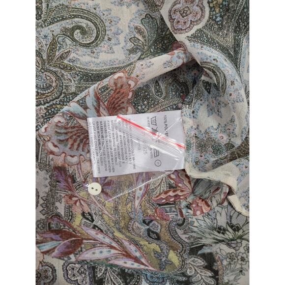 Bandolera NEW Sheer Blue Print Top Blouse Button Front Long Sleeve Medium - Picture 6 of 8